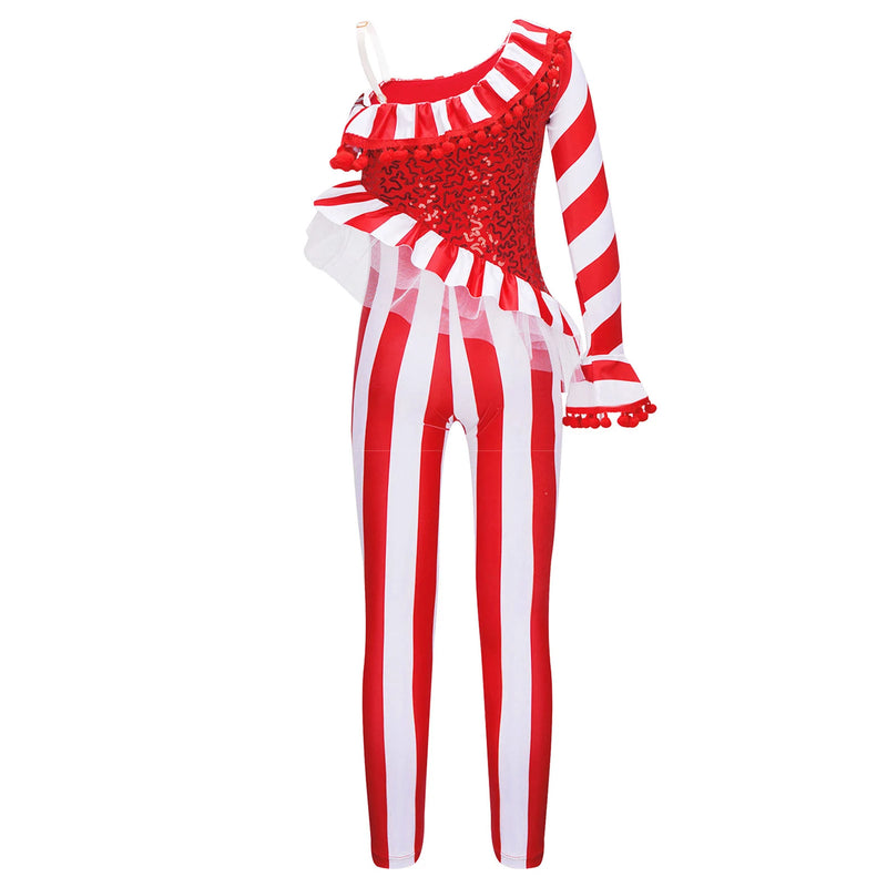 Kids Girls Christmas Jumpsuit Ballet Gymnastics Leotard Sequin One Shoulder Striped Bodysuit Halloween Circus Cosplay Costume