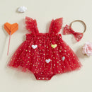 Adorable Baby Girl  Ruffle Sleeve Heart Print Tutu Dress with Matching Headband Set for Summer Outfits