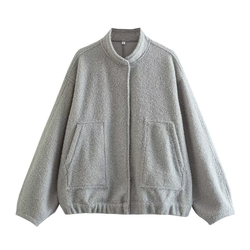 Women's Casual Loose Stand Collar Jackets 2023 Spring Warm Grey button Long Sleeve Bombers Fashion Plush Solid Female Outwear