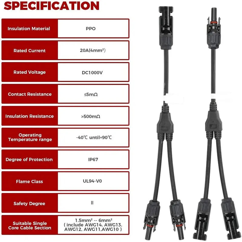 1 Pair Solar Connectors Y Branch Parallel Adapter Cable Wire Plug Tool Kit for Solar Panel Waterproof Connect Wire for Solar