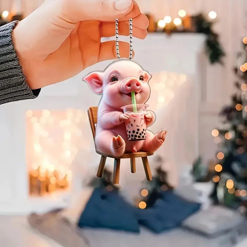 Acrylic Happy Milk Tea Drinking, Decorative Pig Rearview Mirror Pendant, Backpack Keychain Decorative Pendant