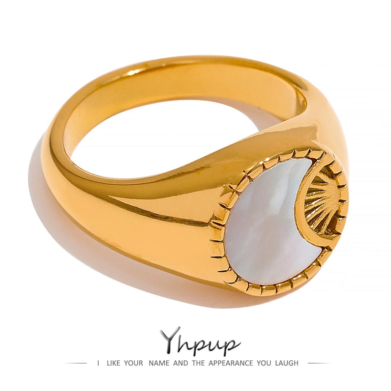 Yhpup Gold Color Star Moon Celestial Stainless Steel Ring Shell Fashion Charm Trendy Wide Jewelry Women Waterproof Party