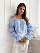 Floral Print Sexy One-shoulder Shirt Women Elegant Fashion Pleated Off Shoulder Blouse For Women 2024 Casual Loose Ruffles Tops