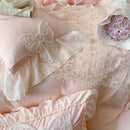 Koreanische Prinzessinnen-Bettwäsche-Set Coquette Spitze Schleife Schönheit Unifarbene Spitzenrüschen-Bettdecken-Sets Luxus Mädchen Hochzeit Bettbezug