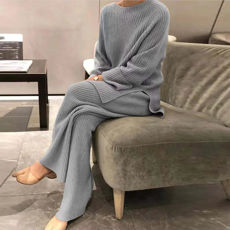 Lady Home Suit Autumn Fashion Soft Casual O-Neck Pullover Tops+Knitted Pant New Homewear Pajama Winter Solid Women Two Piece Set