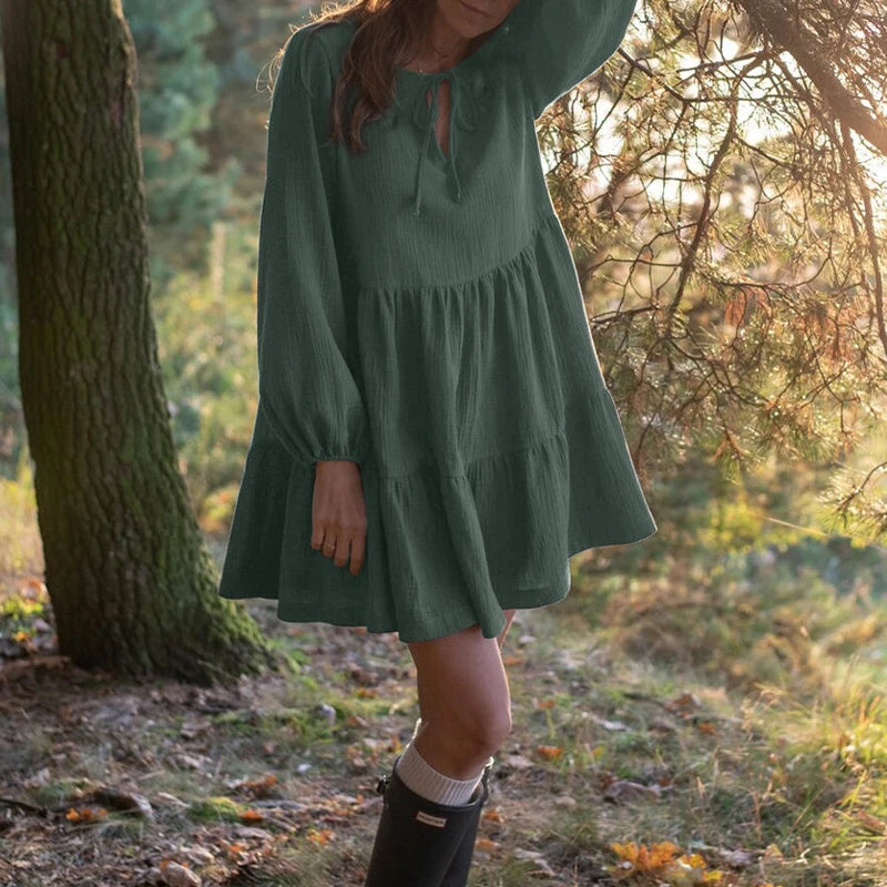 Muslin 100% Cotton Dress Retro Loose Lace-up Ruffles Long Sleeve Green Dresses Women Robe Elegant Party Dress Christmas Clothes