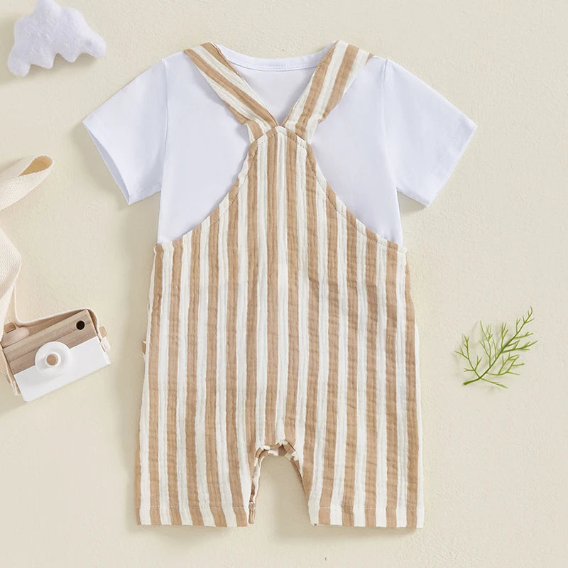 Toddler Boy s Summer Set Short Sleeve Crew Neck Tee with Striped Overall Shorts Cute Baby Boy Outfit for Warm Weather