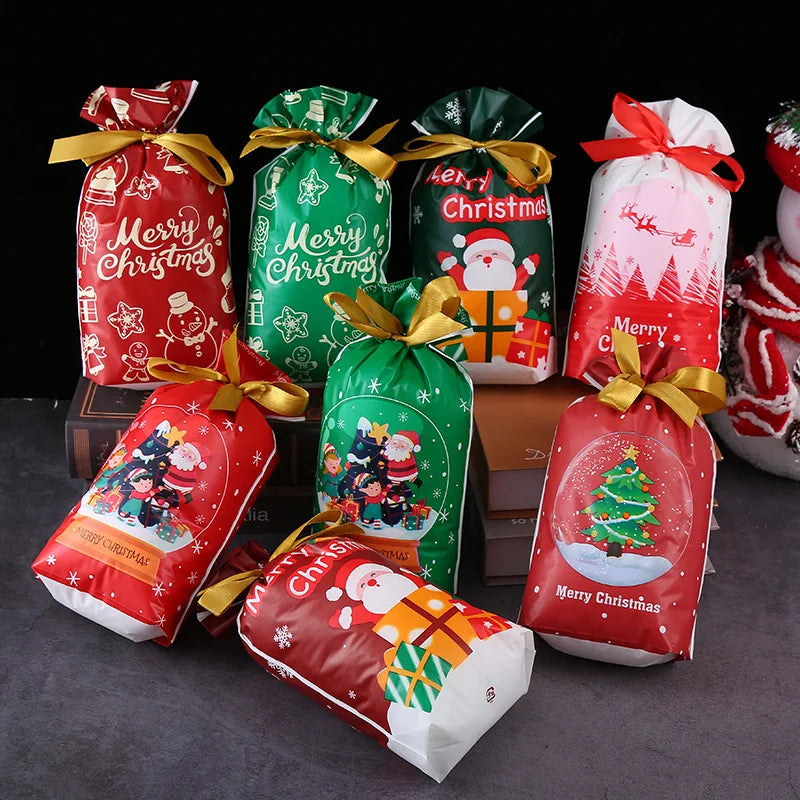 Hot Sale 10Pcs/Lot 15x23cm Christmas Plastic Gift Bag Party Favor Boutique Cosmetics Candy Gifts Packaging Bags With Drawstrings