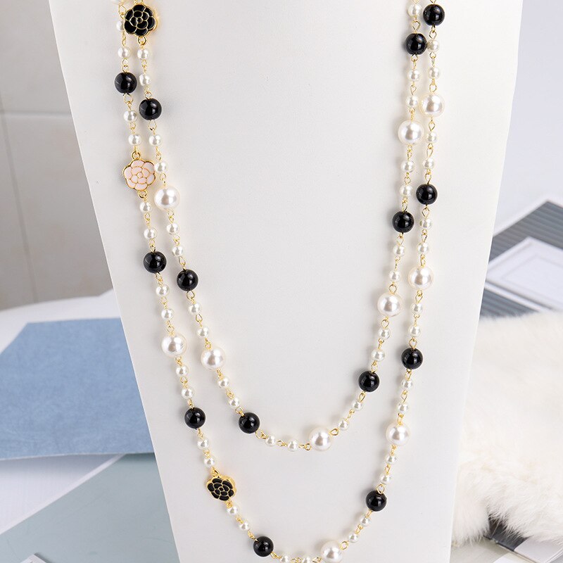 Luxury Camellia Multilayer Long Pearl Necklace Brand Design Rose Flower Sweater Chain Necklace for Woman