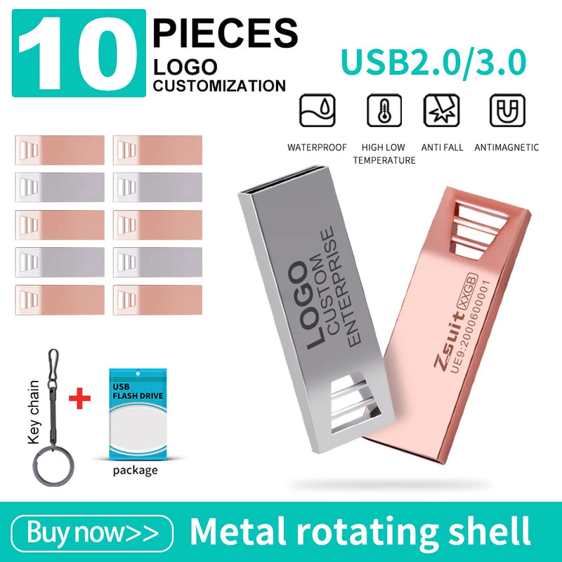 10PCS USB Flash Drive 8G 16GB 32GB 64GB Pen Drive 3.0/2.0 Memory Stick 128GB Waterproof Cle USB Free LOGO Metal Pendrive Storage