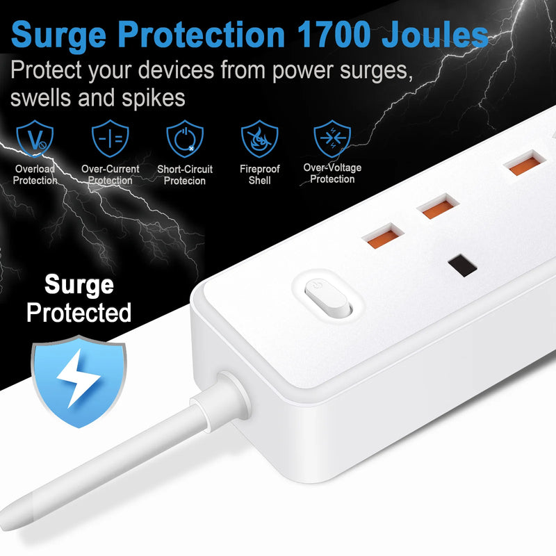 Power Strip Electric Socket UK MY SG with 3USB TypeC PD30W 13A 2500W Overload Protection Extension Cable 1.2m Electrical Sockets