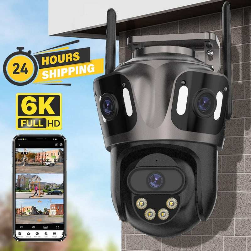 Outdoor 6K Three Lens PTZ IP Camera with Three Screen AI Human Detection 4K WiFi Camera Dual Screen CCTV Surveillance iCSee