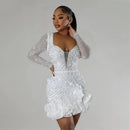 2024 Neues Damen Mesh Ärmel Bodycon Sexy Diamanten Geburtstagsparty Kleid Gestufte Rüschen Strass Perlen Nachtclub Kleid Pink