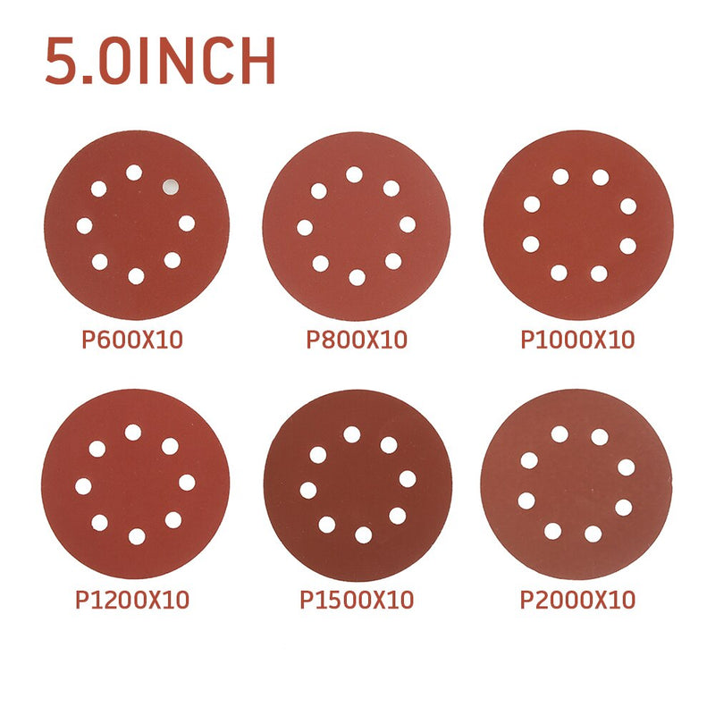 100/60pcs 125mm Sandpaper Round Shape Sanding Discs Hook Loop Sanding Paper Buffing Sheet Sandpaper 8 Hole Sander Polishing Pad