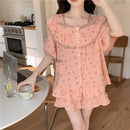 Women Sweet Floral Pajamas Female Summer Set Lace Princess Short-Sleeved Shorts Homewear Ladies Kawaii Soft Nightwear Loungewear