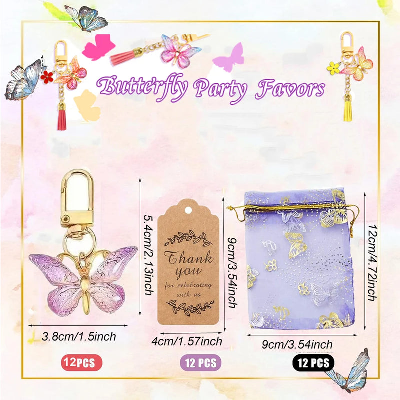 12 sets of butterfly party gift keychains with butterfly flower gauze cloth bags card butterfly themed birthday party decoration