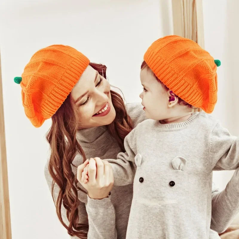 Pumpkin Beret Hat 2025 Halloween Thanksgiving Autumn and Winter Parent-Child Knitted Hat Warm Belle Hat Christmas Party Hats