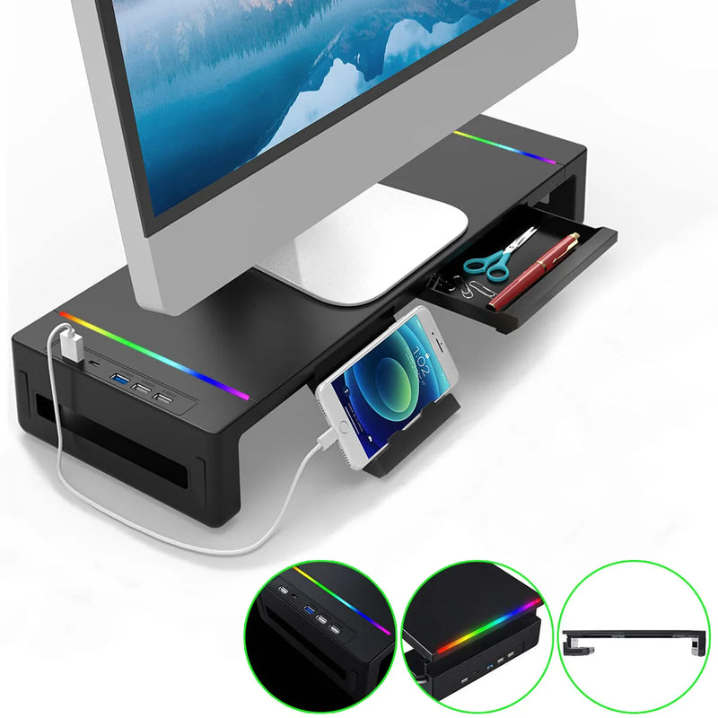 RGB Computer Monitor Stands Riser Desk with USB3.0 Port Keyboard Mouse Storage Shelf Screen Rack with Drawer Monitor Shelf
