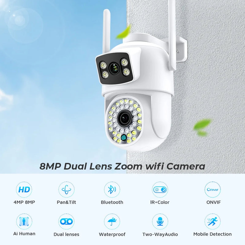 ABUNTU 8MP 4K Outdoor Wifi Surveillance Camera Dual Lens Wifi Camera ICSEE Night Vision HD CCTV Security Camera Human Detection