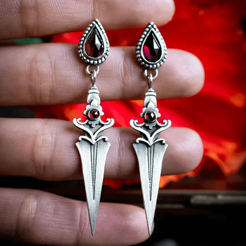 Vintage Medieval Gothic Sword Drop Earrings For Waterdrop Women Red Stone Dangle Earring Piercing Ear Halloween Accessories