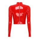 Womens Glossy PVC Leather Crop Top Sexy Mock Neck Long Sleeve Exposed Breast Back Zipper Bodycon Erotic Tops Party Clubwear