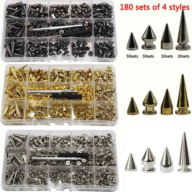 180/80 Sets Punk Rivet Screw Back Studs and Spikes Kit with Tools Leather Craft Bullet Cone DIY for Leather collar Bracelet