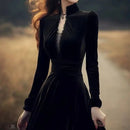 OCEANLOVE Autumn Winter Dresses for Women Hepburn Style Vintage Solid Black Vestidos Mujer Stand Collar Elegant Long Dress