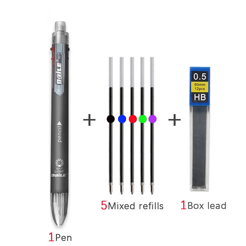 6 In 1 Multicolor Roll Ball Pen Set with Refills Lead 5 Color Ballpoint Pen and 1 Pencil Core Creative Multifunction Marking Pen