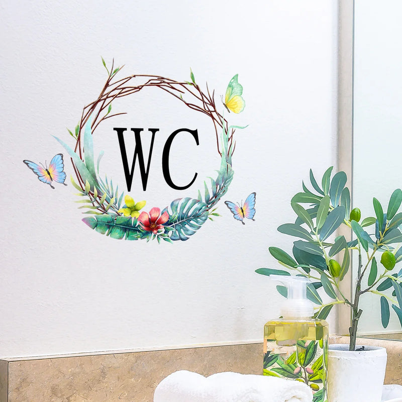 Flowers Butterfly WC Wall Sticker for Bathroom Decoration Vinyl Home Decals Waterproof Poster Door Stickers Toilet Sign