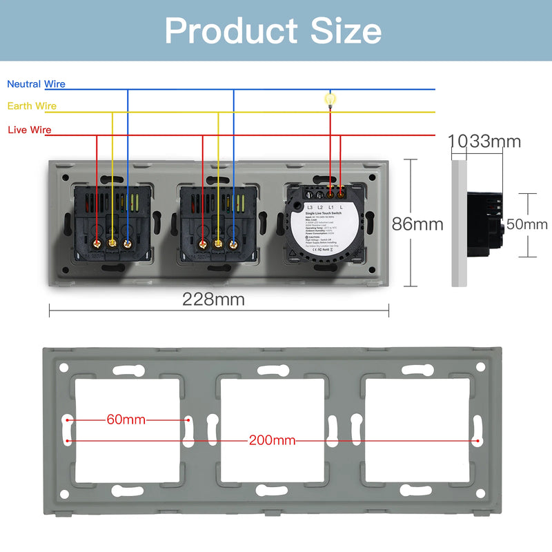 BSEED 1/2/3Gang Touch Switch 1Way Wall Light Switches EU Socket With USB Type-C Interfaces Glass Panel Blue BackLight