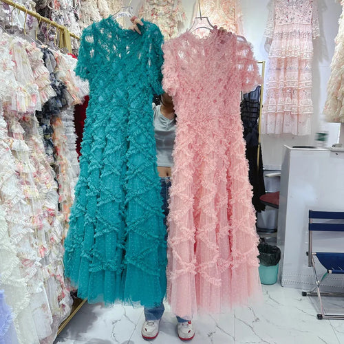 Qualität Marken Designer Sommer Urlaub Lagen Rüschen Kuchen Kleid Frauen Lang Maxi Abschlussballkleider Abend Midi Tüll Kleider