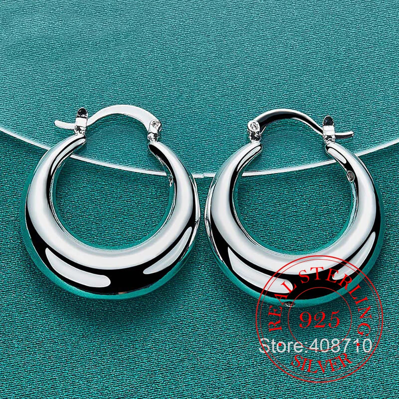 Circle Smooth U Shape Big Hoop Earrings for Women 925 Sterling Silver Hoops Female Jewelry Gift aretes de mujer