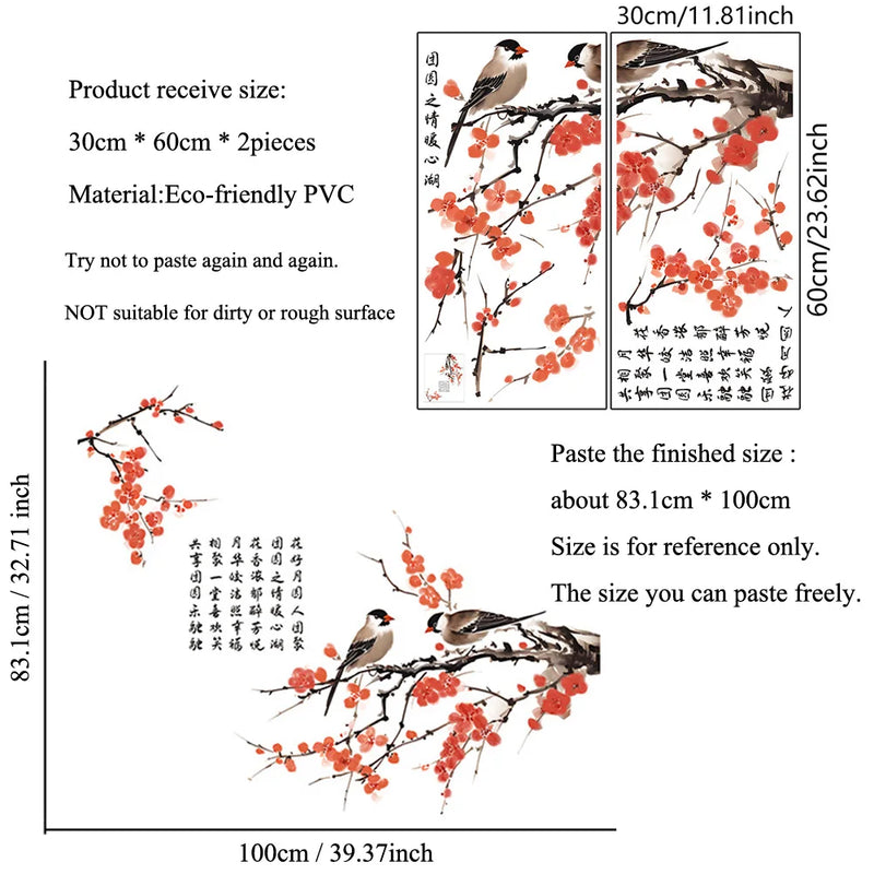 Chinese Style Plum Blossom Birds Wall Stickers Living Room Background Decor Decals Bedroom Home Decoration Self-adhesive Mural