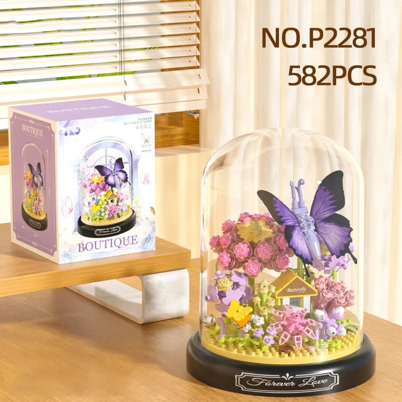 Insect Flower Building Blocks Set Bee Butterfly Plant Potted Model Bricks Set With Dust Cover Diy Toys For Kids Holiday Gifts