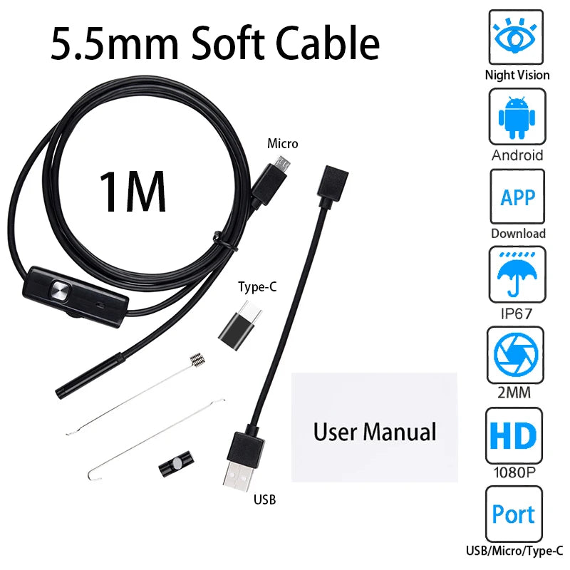 5MM Endoscope Camera Mobile Probe Borescope Inspection Endoscopic For Android For Cars Endoscope Camera USB Type C Micro