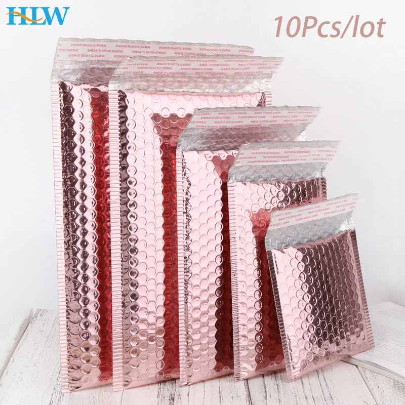 10Pcs/lot Rose Gold Metallic Bubble Mailers Foil Padded Bags Aluminized Postal Bags Gift Packaging Padded Shipping Envelopes