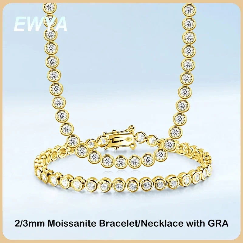EWYA Sparkling 2/3mm Full Moissanite Tennis Bracelet for Women Party S925 Silver Plated 18K Pass Diamond Test Bezel Bracelets