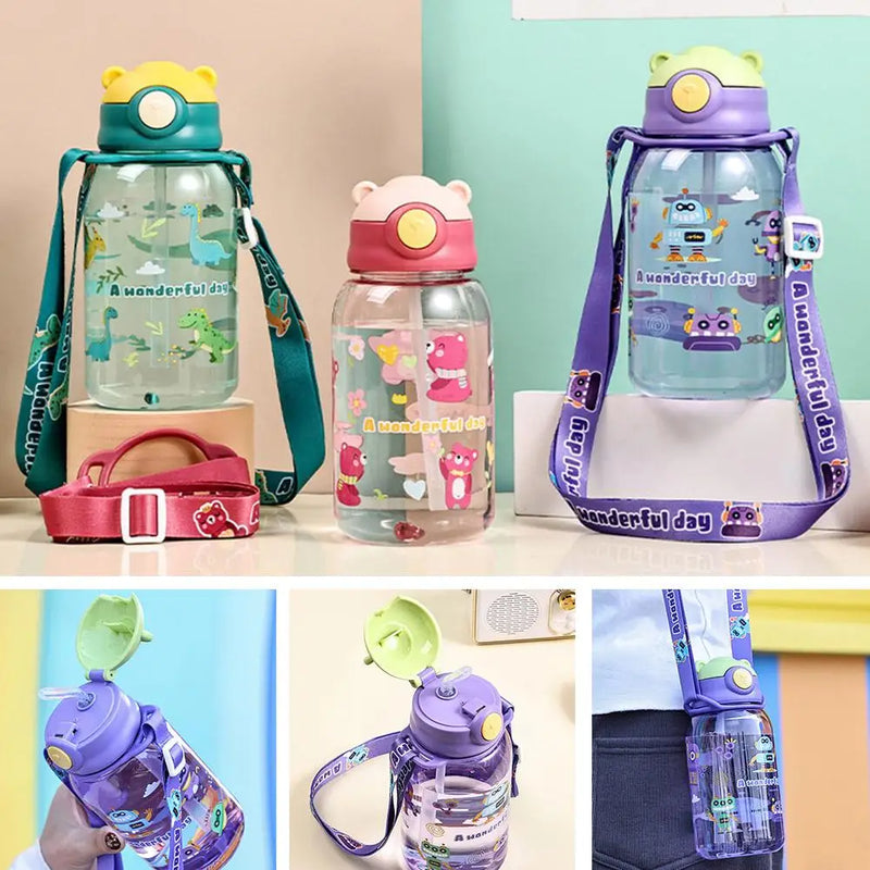 650ml Cute Kids Water Bottle Cartoon Plastic Mug With Leakproof Portable Cups Water Straw Children's Outdoor Bottle School C2A7