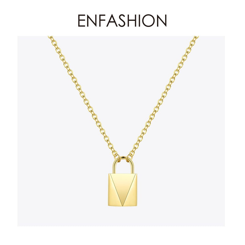 ENFASHION Cute Lock Choker Necklace Women Gold Color Stainless Steel Geometric Femme Pendant Necklaces Fashion Jewelry P193038