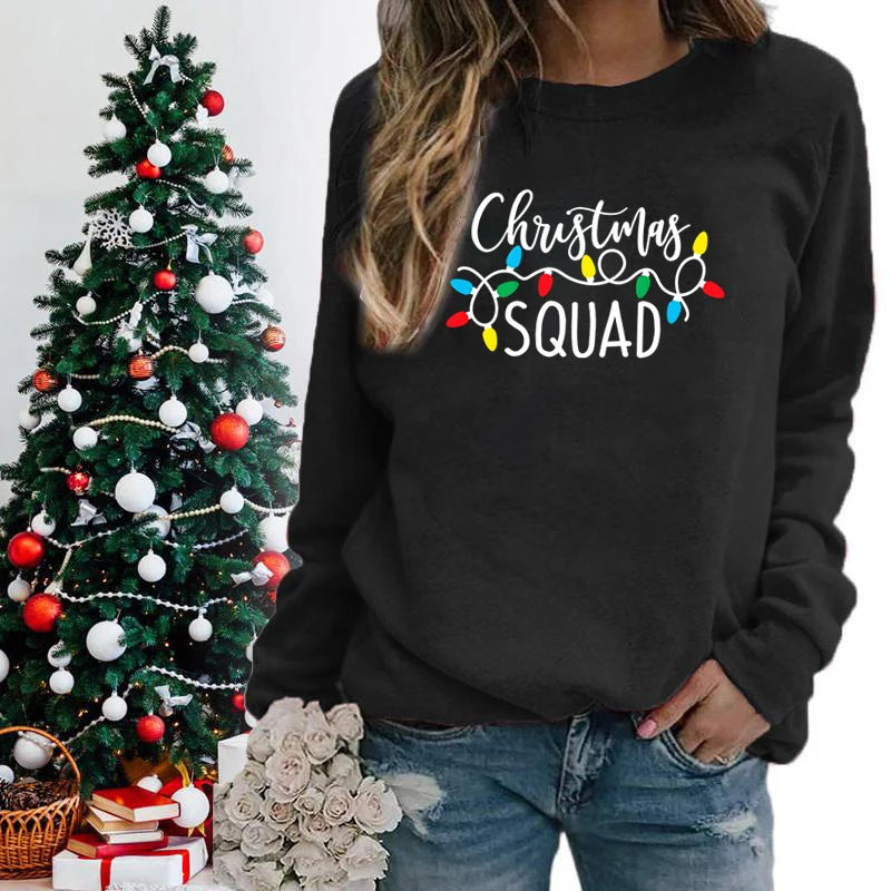 Christmas Lights Christmas Squad Print Crew Neck Sweatshirts Fashion Print Women Christmas Casual Sweatshirts Xmas Gifts