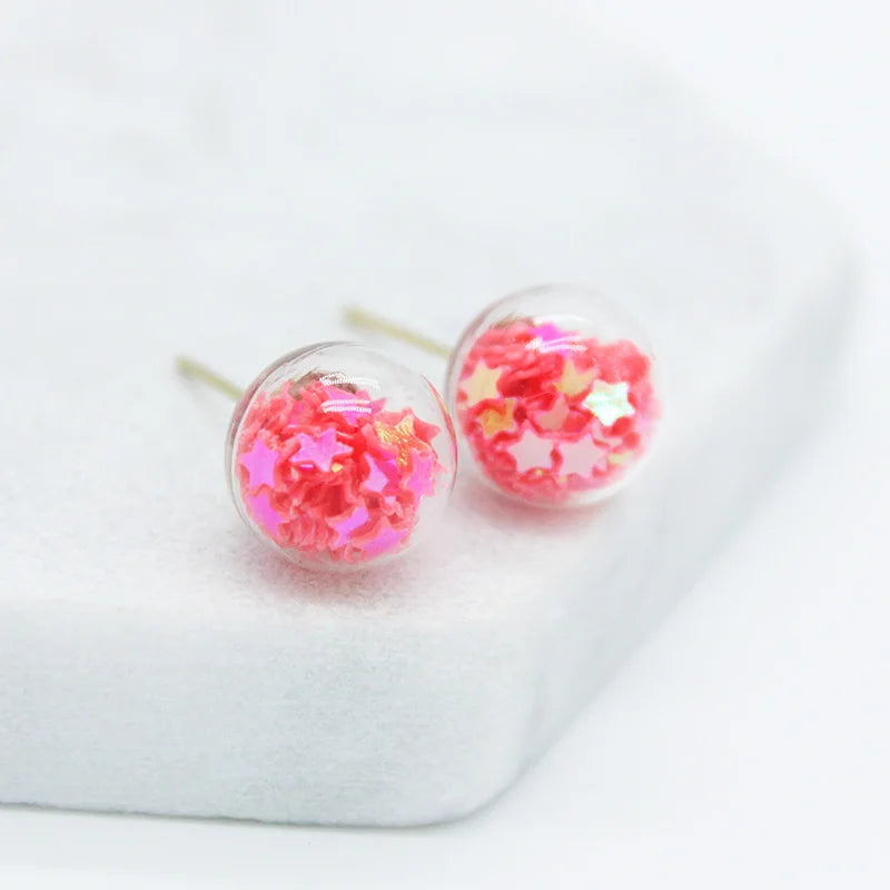 New Fashion Design 10MM Glass Ball Colorful Stars Glitter Beads Gravel Small Earrings for Women Temperament Small Girls Gifts