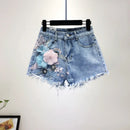 Korean Two Piece Sets Women Clothing Embroidery Short Sleeve White Tshirts High Waist Denim Shorts Outfits Casual Summer Y2k Set