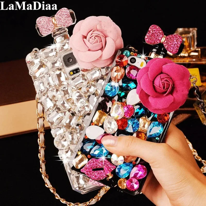 Luxury DIY Diamond Flower Perfume Bottle with Chain Lanyard Case for Samsung Galaxy, S23 Ultra, S22, S24, S21, Note20, Colorful