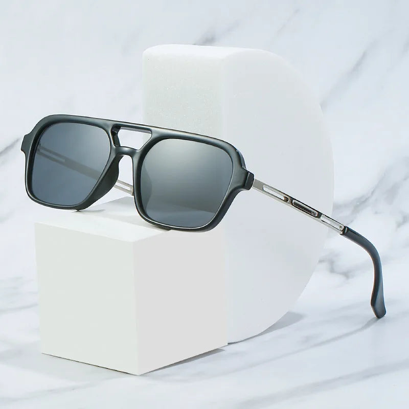 SO&EI Retro Double Bridges Square Sunglasses Women Fashion Clear Ocean Lens Shades UV400 Men Trending Metal Hollow Sun Glasses
