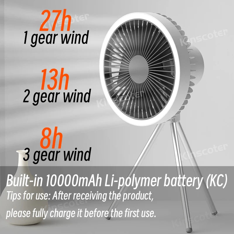 KINSCOTER 10000mAh Camping Fan Desktop Portable Air Circulator Wireless Ceiling Electric Fan Cooler with Power Bank LED Lighting