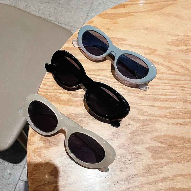 SO&EI Ins Popular Fashion Oval Sunglasses Women Retro Rivets Decoration Brand Designer Men Cat Eye Blue Sun Glasses
