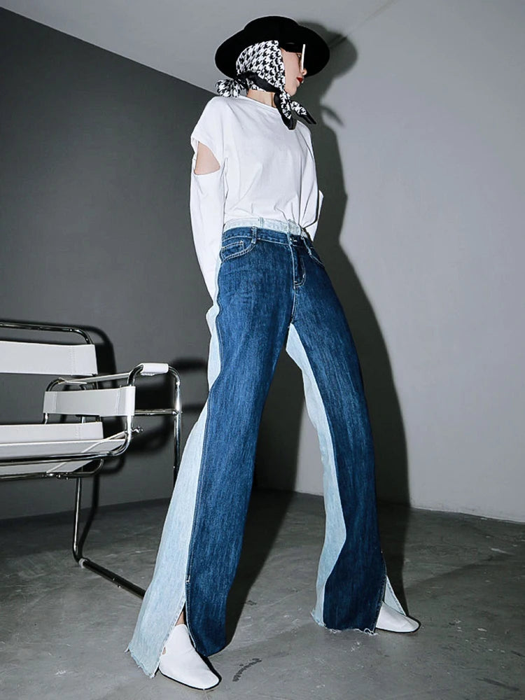 [EAM] Blue Contrast Color Split Joint Long Wide Leg Jeans New High Waist Loose Women Trousers Fashion Spring Autumn 2024 1T276