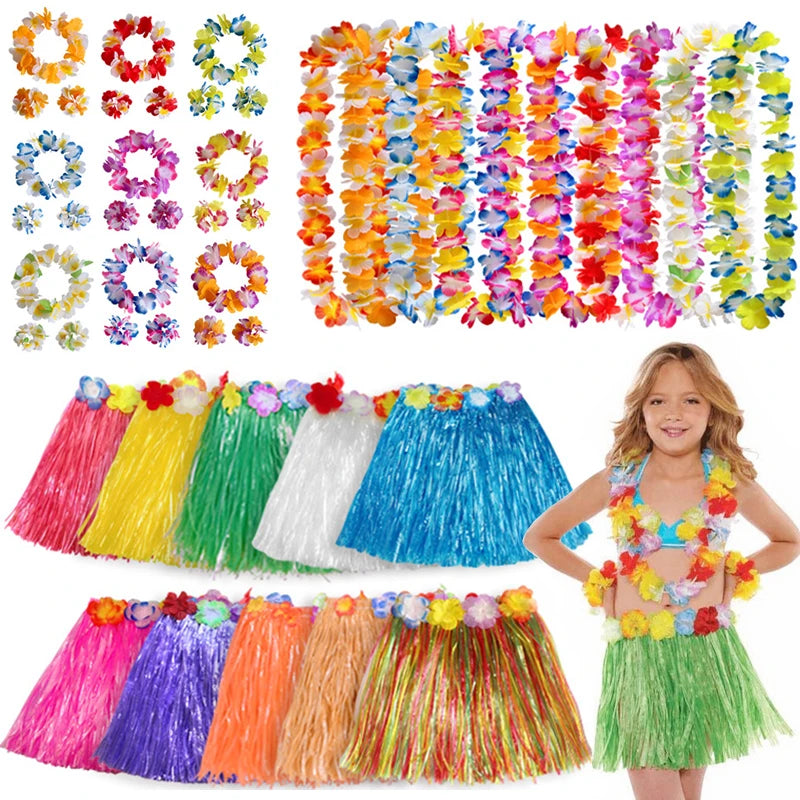 Hawaiian Luau Hula Skirt Set 12 Grass Skirts 12 Wrist Straps 12 Wreaths For Hawaiian Theme Parties Performances And Beach Events