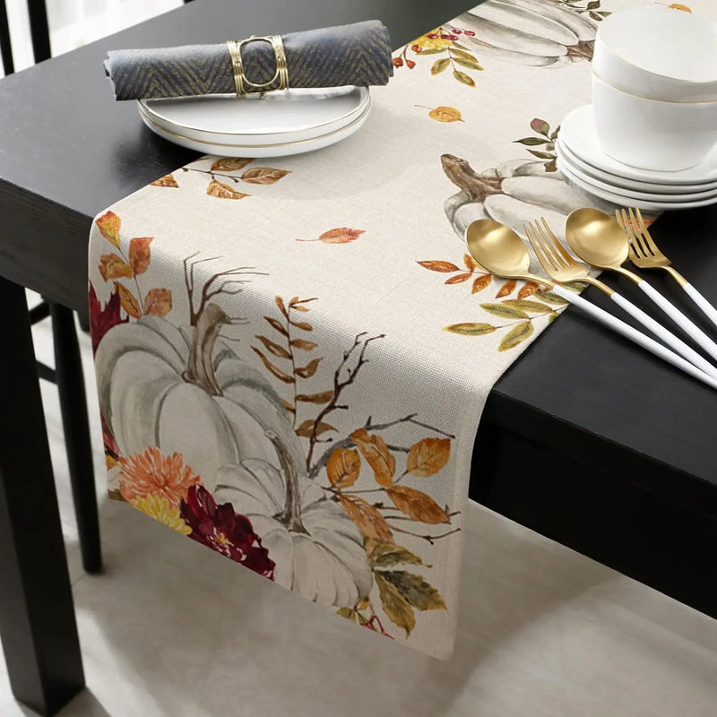 Fall Thanksgiving Linen Table Runner Autumn Pumpkin Retro Maple Leaves Harvest Table Runner for Kitchen Scarf Dining Table Decor