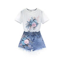Korean Two Piece Sets Women Clothing Embroidery Short Sleeve White Tshirts High Waist Denim Shorts Outfits Casual Summer Y2k Set